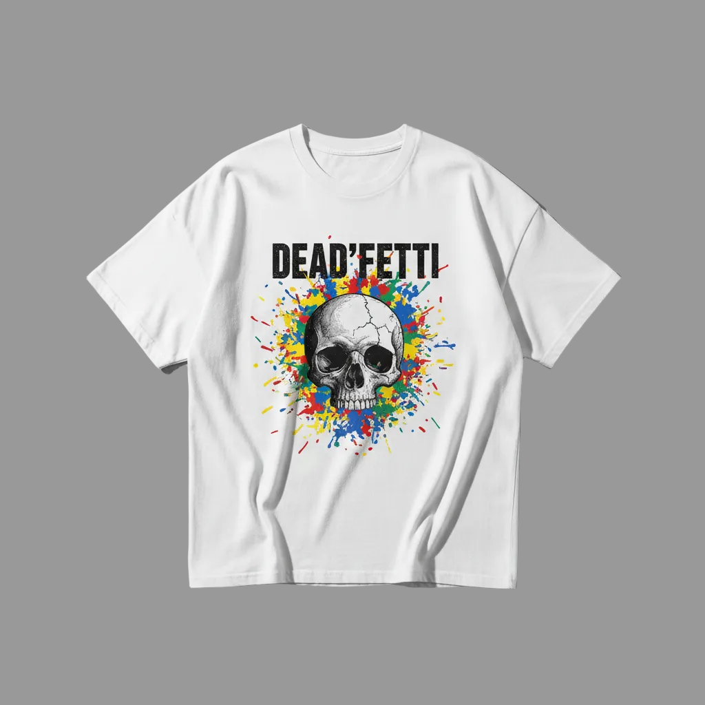 Dead'fetti Oversized Graphic Tee in Washed White with skull-and-confetti chest print