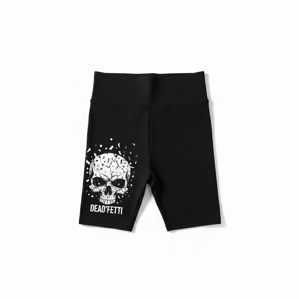 Dead'fetti Confetti Biker Shorts in Black with skull logo on left leg