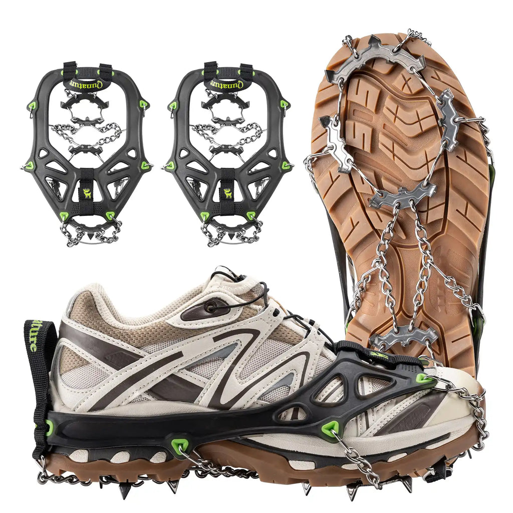 Snow shoe treads attached to a shoe with close-up of tread detail on a white background