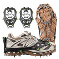 Snow shoe treads attached to a shoe with close-up of tread detail on a white background