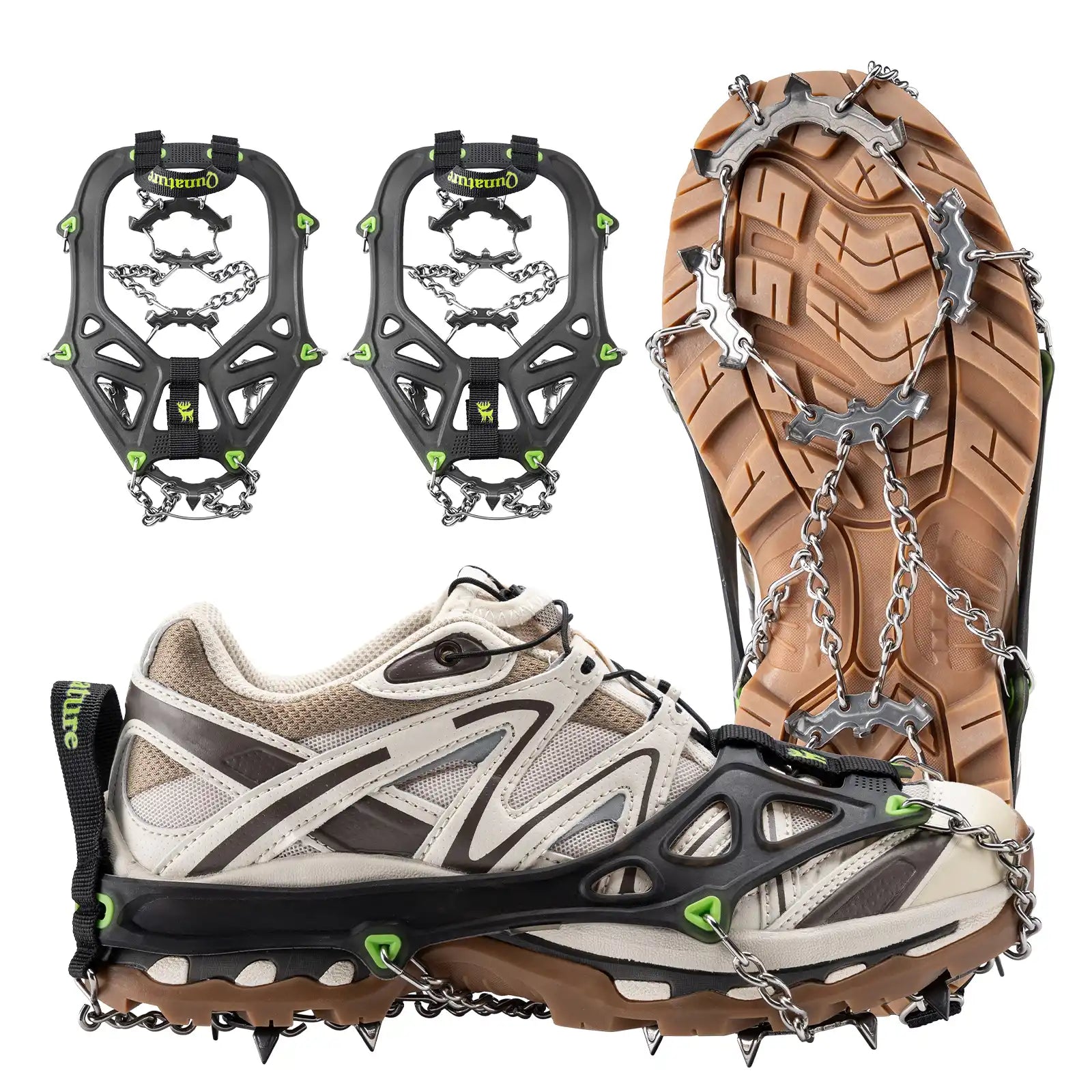 Snow shoe treads attached to a shoe with close-up of tread detail on a white background